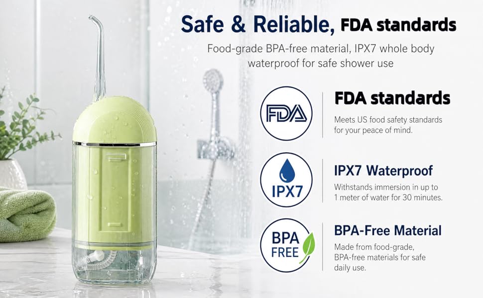Food-grade material compliant with FDA standards, IPX7 waterproof BPA-free water flosser for safe
