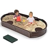 HONEY JOY Sandbox with Cover, 6FT Oval Sand Pit for Backyard, 4 Built-in Seating &amp; Bottom Drainag...
