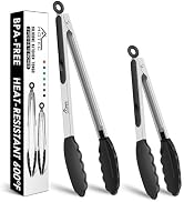 HOTEC Premium Stainless Steel Locking Kitchen Tongs with Silicon Tips, Set of 2-9" and 12"