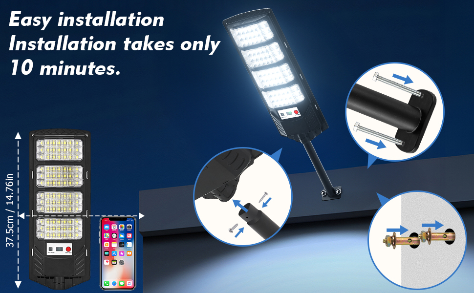 Solar lights for outside installation is simple, requiring only 3 steps and 10 minutes to complete