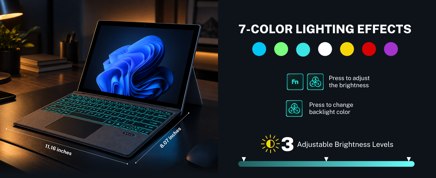 7 color lighting effects, 3 brightness levels