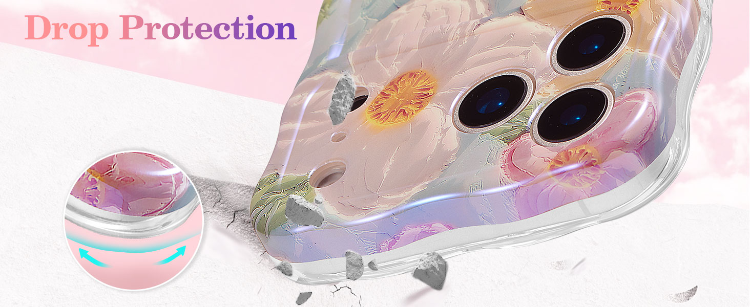 Text reads 'Drop Protection'. Transparent protective cases with floral patterns and impact-resistant corners displayed at different angles.