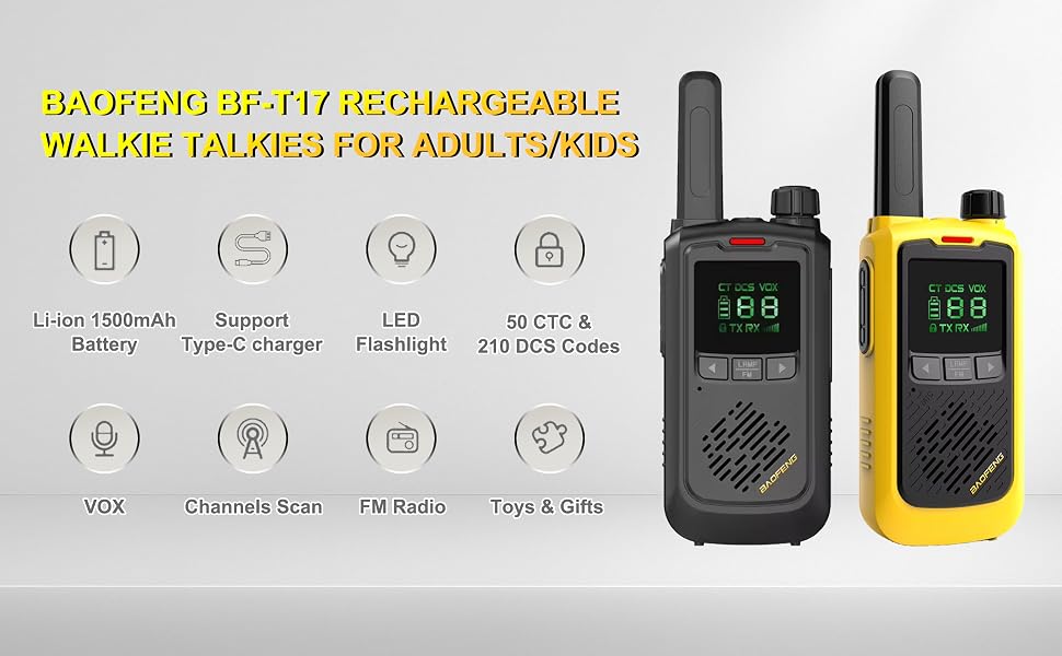 Walkie Talkies for Kids Adults Baofeng Radio BF-T17, 22 CH 462MHz 467MHz FRS Two-Way Radios
