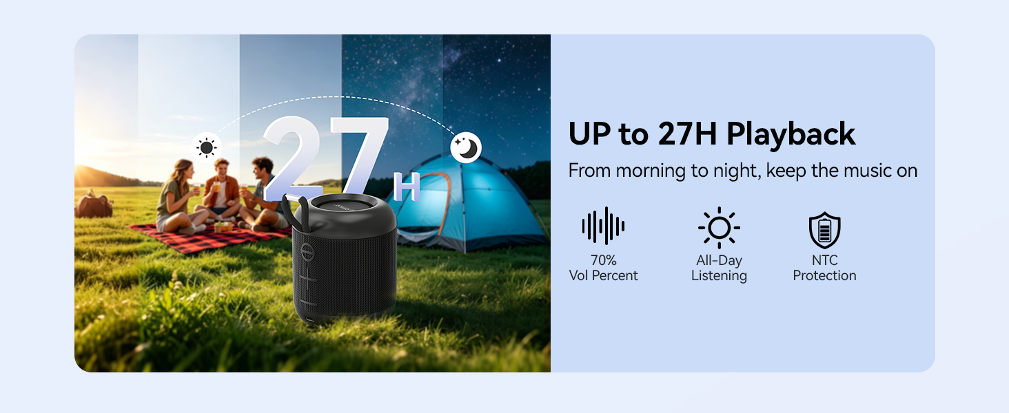 Text reads 'UP to 27H Playback' and feature icons. Outdoor family scene with camping setup and black speaker device displayed with specifications.