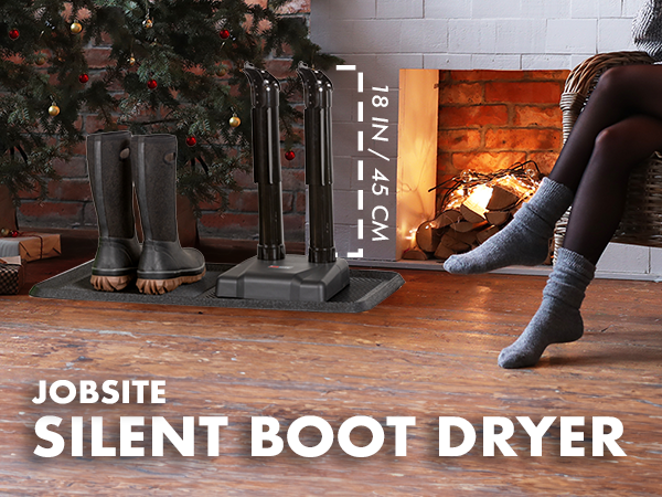 Jobsite dryer in front of a fireplace. Text reads 