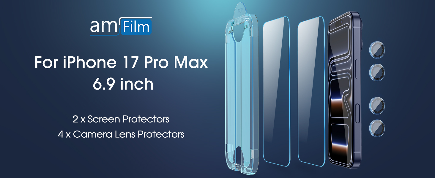 Text reads 'For iPhone 17 Pro Max 6.9 inch' and 'amFilm'. Marketing image showing blue-tinted phone screen protectors with multiple views.