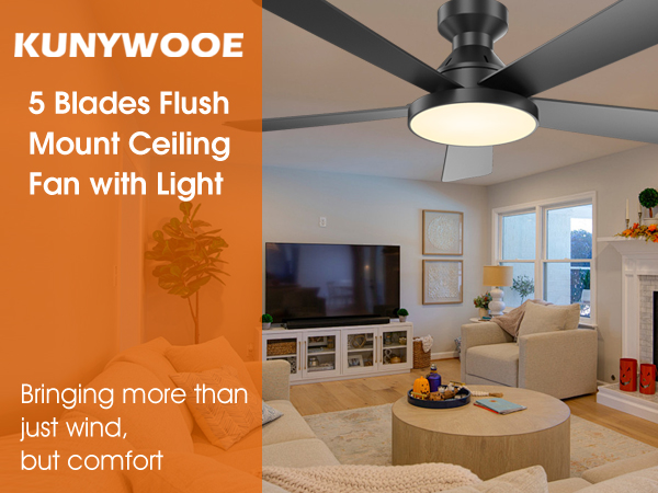 46“ ceiling fans with lights and remote, flush mount, black, modern,