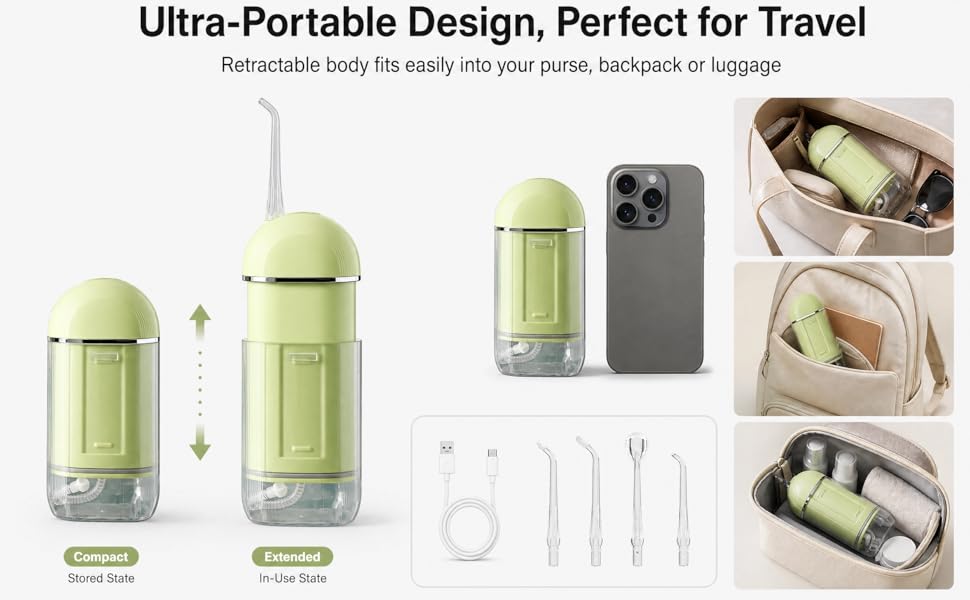 Retractable travel water flosser size comparison, fits in purse backpack for on-the-go cleaning