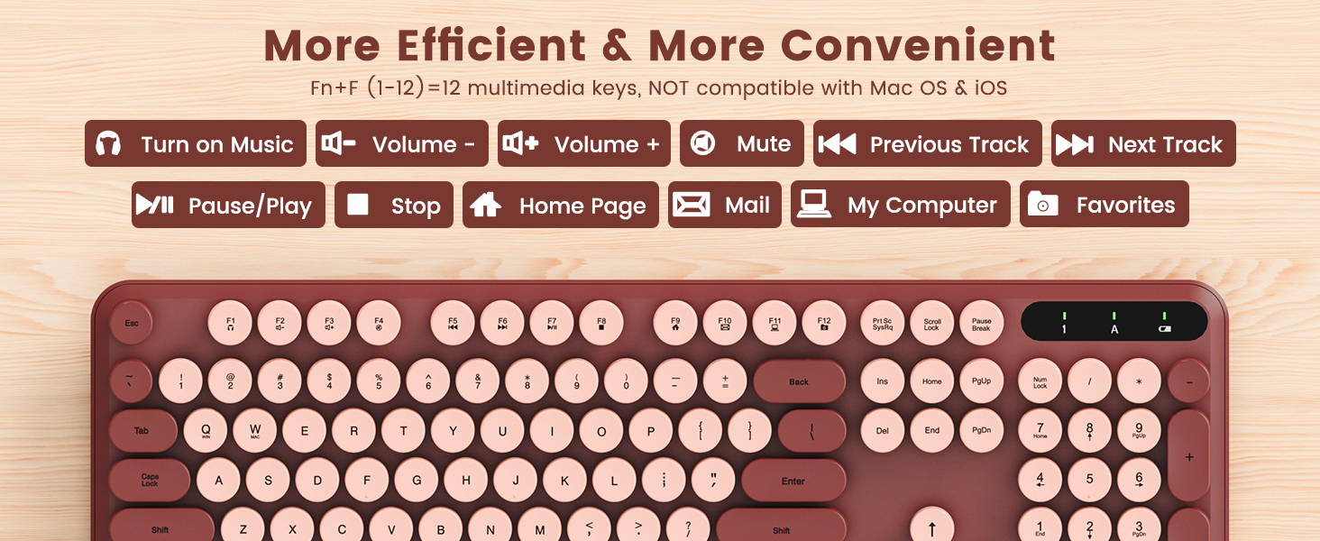 More Efficient &amp;amp; More Convenient, Fn+F(1-12)=12 multimedia keys,NoT compatible with Mac Os &amp;amp; ios