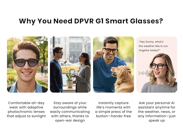 Text reads 'Why You Need DPVR G1 Smart Glasses?' Four product benefit scenarios shown: comfortable all-day wear, stable video recording, instant life capture, personal assessment tool. Features highlighted with lifestyle photography.