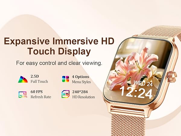 Text reads 'Expansive Immersive HD Touch Display' with feature specifications: '7-20 Display,' '6 Graphic Styles,' '60 FPS,' '240 FHA,' and 'For easy control and clear viewing.' Rose gold smartwatch displaying time 13:24 on screen.