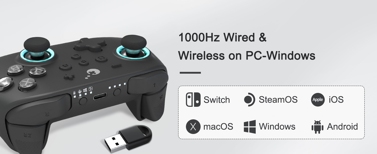 Text reads '1000Hz Wired &amp; Wireless on PC-Windows' with compatibility icons for Switch, SteamOS, iOS, macOS, Windows, and Android. Shows black gaming controller.