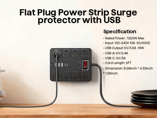 Flat Plug Power Strip Surge Protector with USB