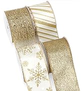 Ribbli Gold Wired Ribbon for Christmas Tree,Glitter Mesh Snowflake Stripe Christmas Ribbon for Cr...
