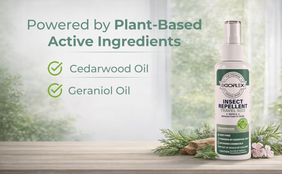 Insect repellent with cedarwood and geraniol oils shown in a natural plant setting