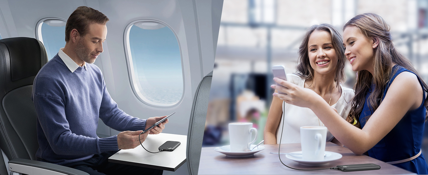 Split image: Man using laptop on airplane, two women looking at smartphone at cafe table. Demonstrates connectivity in various settings.