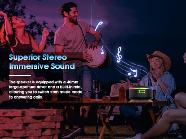 Text reads 'Superior Stereo Immersive Sound'. Nighttime outdoor scene showing people gathered around with floating musical note graphics overlaid.