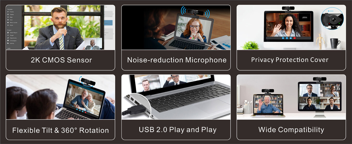 2K Webcam Computer Camera with Six Key Features, suitable for online meetings and video calls