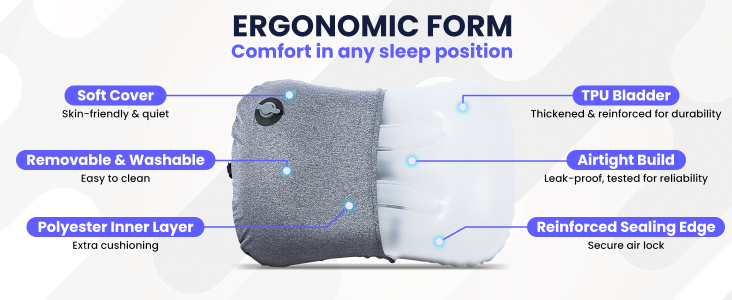 inflatable camping pillow showing its soft cover, polyester inner layer, and TPU air bladder