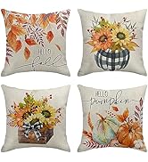 Bayson Set of 4 Fall Throw Pillow Covers Hello Pumpkin Autumn Orange Maple Leaves Sunflower Thank...