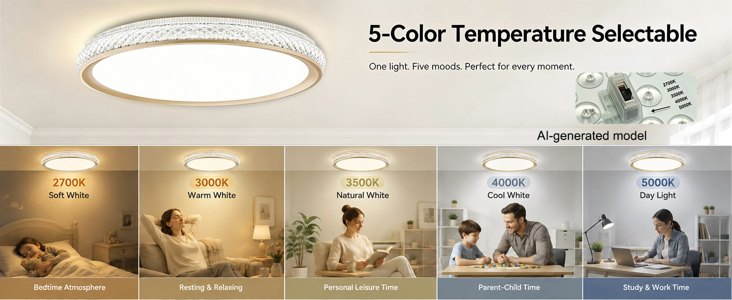 15 In LED Flush Mount Ceiling Light Fixture 3800LM Dimmable 5CCT Modern for Kitchen Bedroom Bathroom