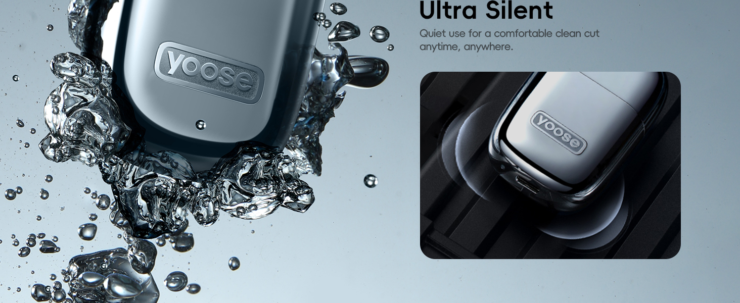 Electric shaver with water-resistant design, shown submerged in water with splashes. Inset image displays the device in a charging dock, highlighting its 'Ultra Silent' feature.
