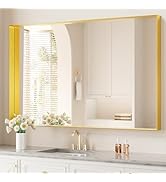 Koonmi 30x47 Inch Metal Framed Bathroom Mirror for Wall, Gold Rectangle Vanity Mirror with Anti-R...