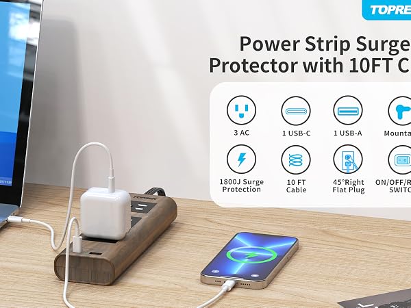 Power Strip Surge Protector with 10FT Cord
