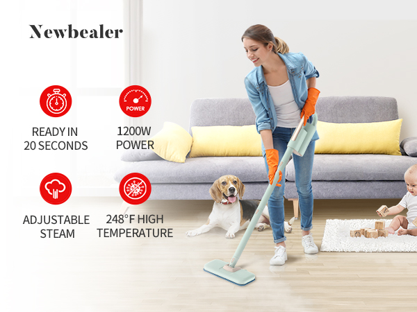 Newbealer steam mop product features diagram showing 1200W power, 20-second heat-up, adjustable steam, and 248°F temperature capability.