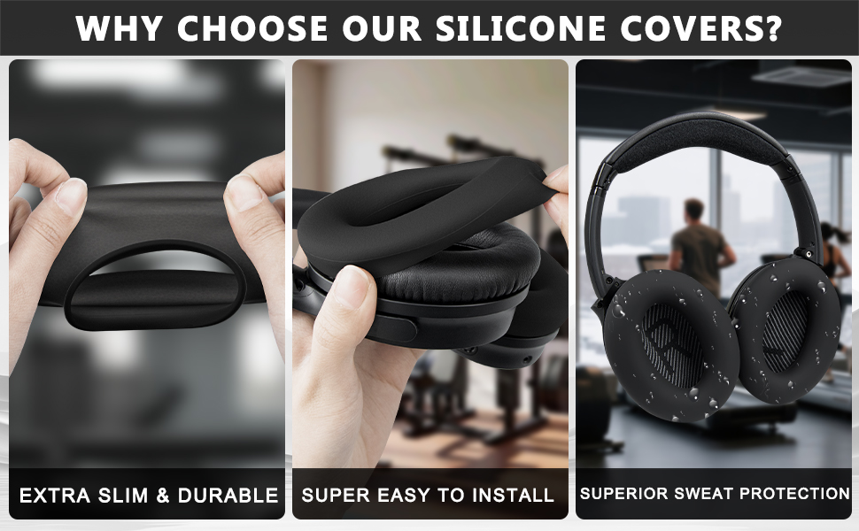 Text reads 'WHY CHOOSE OUR SILICONE COVERS?' followed by 'EXTRA SLIM &amp; DURABLE', 'SUPER EASY TO INSTALL', 'SUPERIOR SWEAT PROTECTION'. Shows black silicone case installation process.