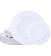U-QE 60 Pcs White Plastic Plates for Party – Scalloped Plastic Plates Heavy Duty &amp; Elegant – Incl...
