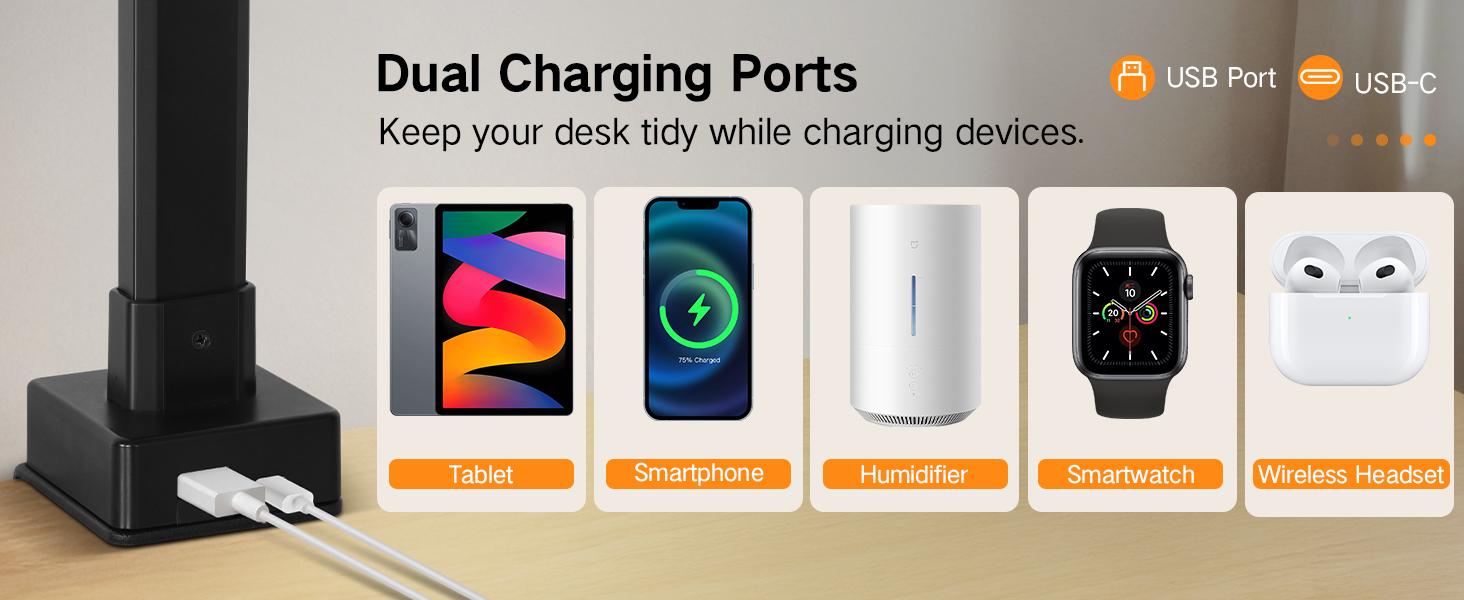 Text reads 'Dual Charging Ports'. Product display showing charging station with USB port and USB-C compatibility, featuring icons of devices like tablet, smartphone, headphones, smartwatch, and wireless earbuds.
