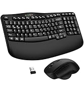 Wireless Keyboard and Mouse Combo, 2.4G Wave Keys Ergonomic Keyboard with Wrist Rest and 3 Level ...