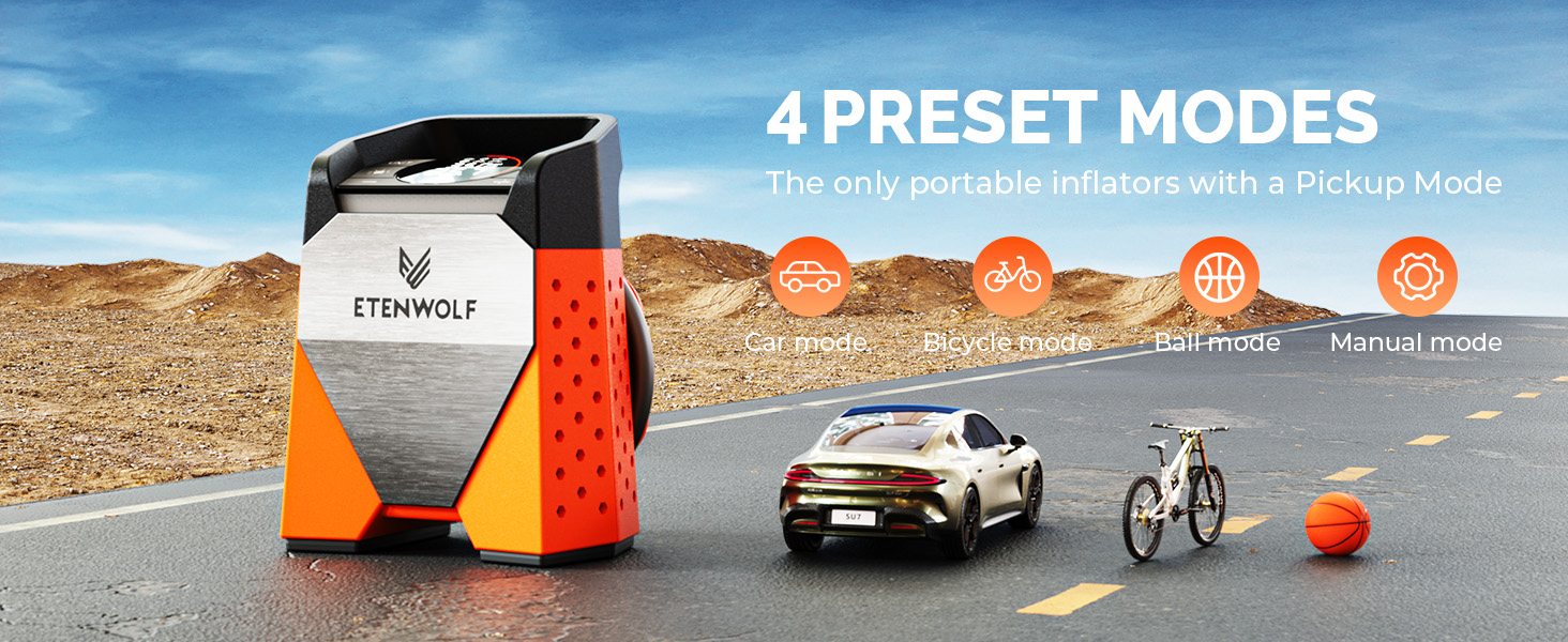4 PRESET MODES inflators with a Pickup Mode Car mode Bicycle mode Ball mode Manual mode