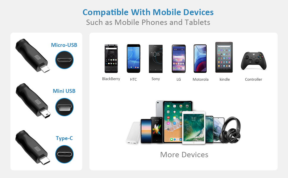 Micro usb, mini usb, type c compaitble with many 5v devices