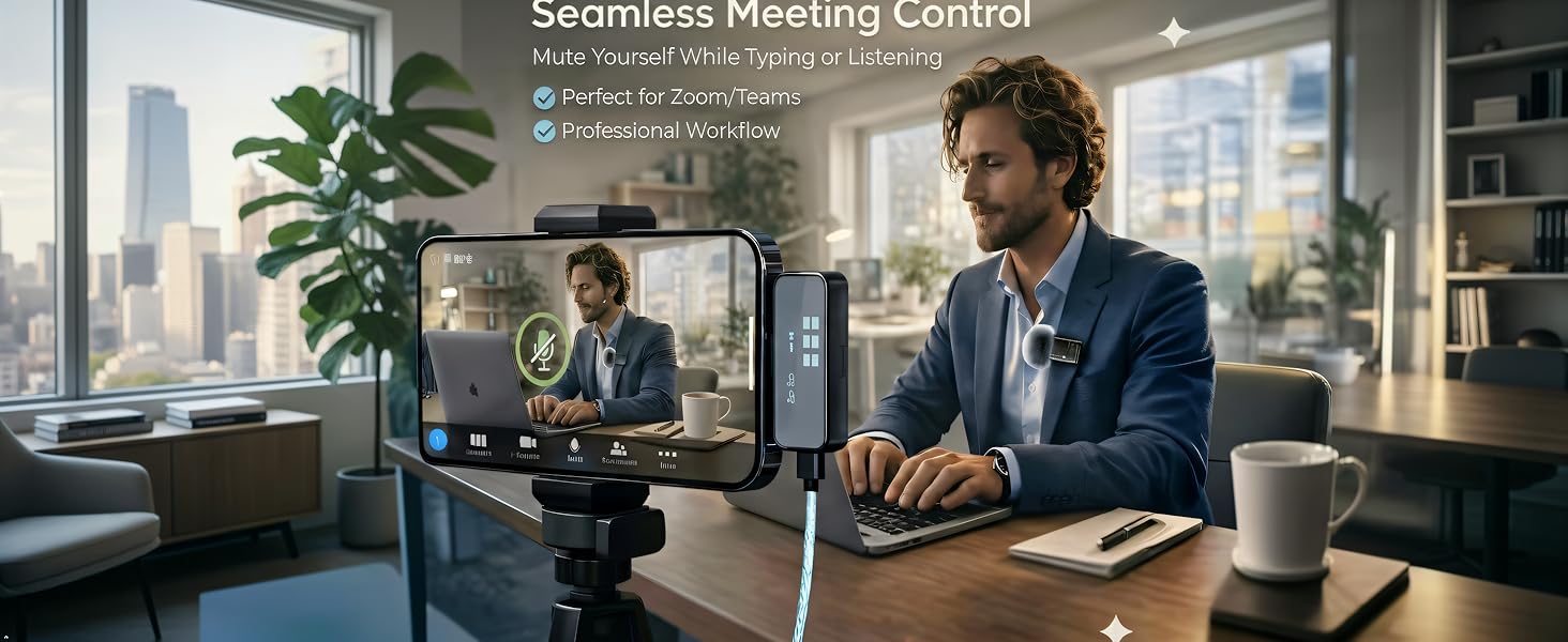 Wireless lapel mic with mute button for seamless Zoom and Teams meetings in office setting