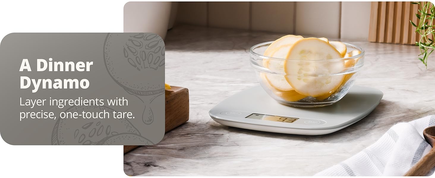Dinner prep with digital kitchen scale perfect for food weight and portioning in bowls