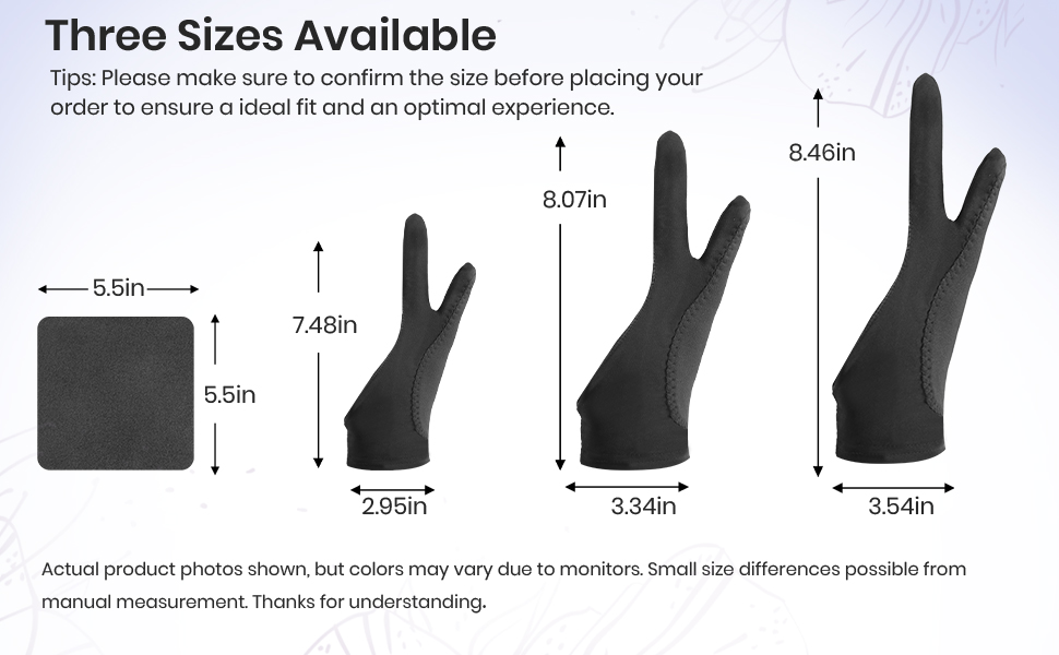 three sizes (L: 3.54’’x8.46’’, M: 3.34’’x8.07’’, S: 2.95’’x7.48’’) and an extra cleaning cloth