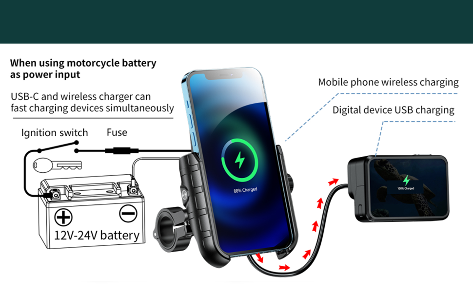 Motorcycle phone holder dual charger support charging two compatible digital devices simultaneously