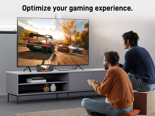 Gaming setup featuring a flat-screen TV displaying racing game graphics, with entertainment unit below. Text reads 'Optimize your gaming experience.'