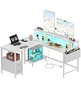 Lufeiya White L Shaped Computer Desk with Fabric Drawers, 47 Inch Corner Home Office Desk with Mo...
