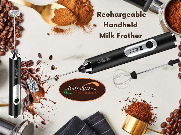 Black rechargeable milk frother with whisks, coffee beans, and BellaVitas logo