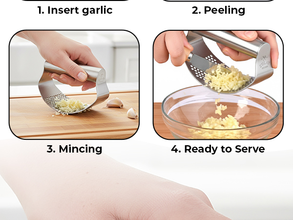 Premium garlic press rocker set with stainless steel blade, peeler, and scraper.