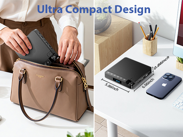 Text reads 'Ultra Compact Design'. Multi-panel showcase of brown leather handbag demonstrating various uses and storage capabilities.