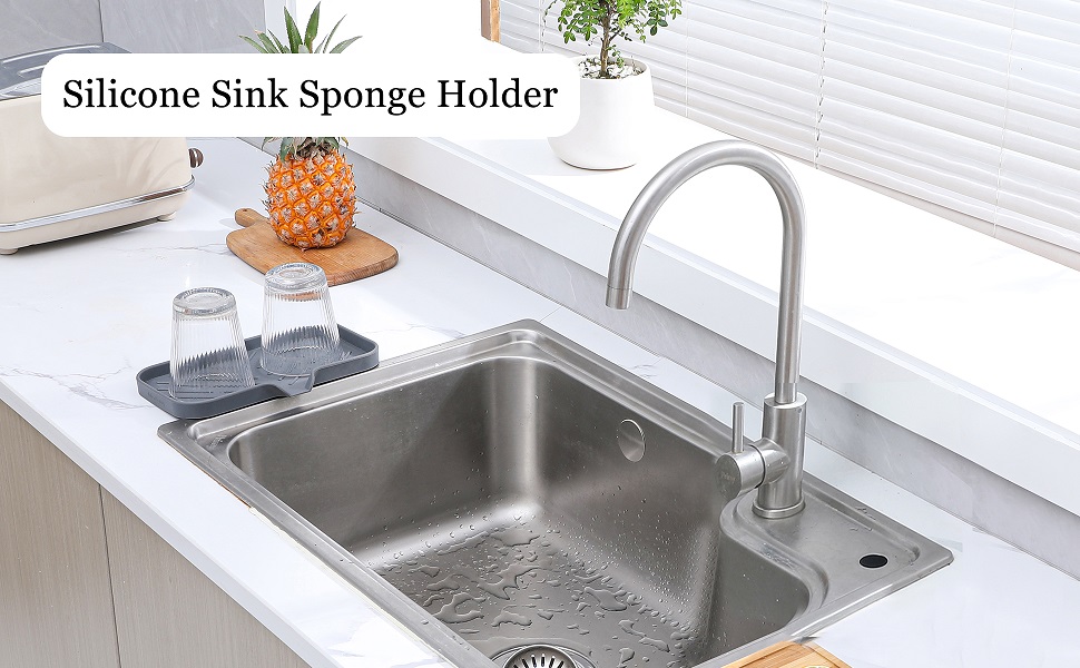 grey soap dish with drain on kitchen sink