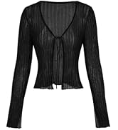 CIDER Women's Knit Cardigan Deep V Neck Tie Front Textured | Cropped Fit, Flared Cuffs, Open Knit...