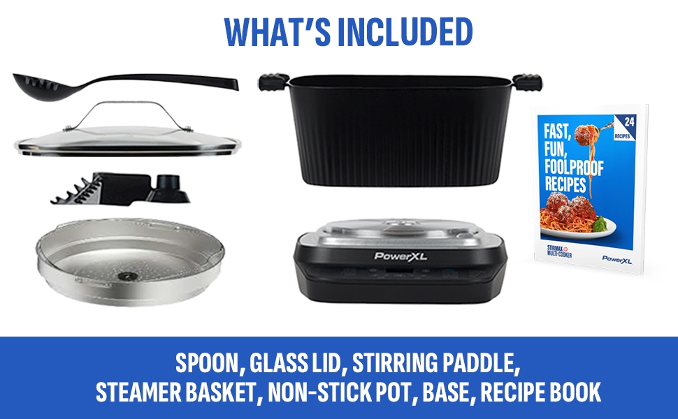 Image of what is included: Pot, base, lid, paddle, steaming basket, spoon, and recipe book