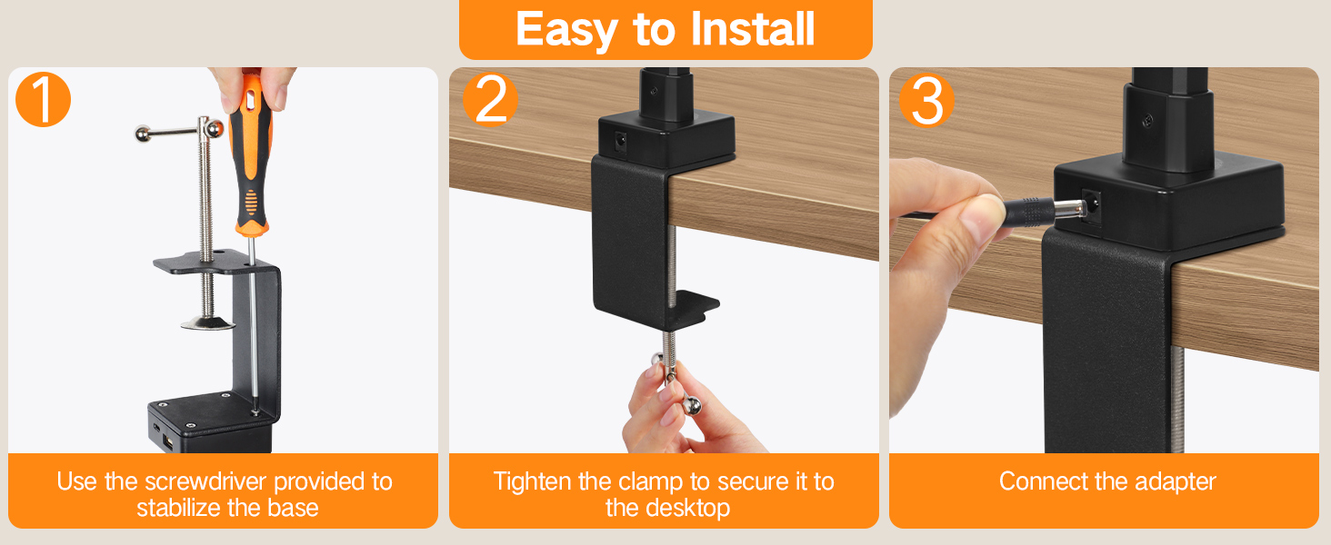 Text reads: 'Easy to Install' with 3-step installation guide showing mounting bracket attachment process with numbered instructions.
