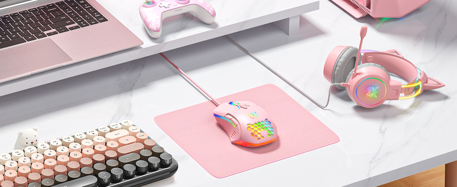 ONITOON pink gaming headset with G70 wireless bluetooth keyboard and cw902 wired computer mouse