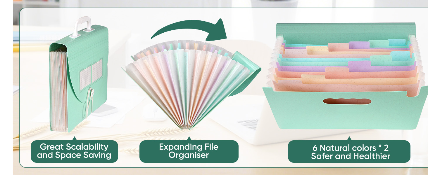 Three-panel image showing expanding file organizer systems in mint green and pastel colors, demonstrating different storage and organization configurations.